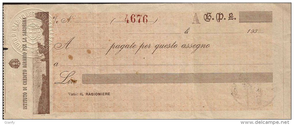 ASSEGNO ISTITUTO CREDITO AGRARIO PER LA SARDEGNA 1900 RARO - Cheques & Traverler's Cheques