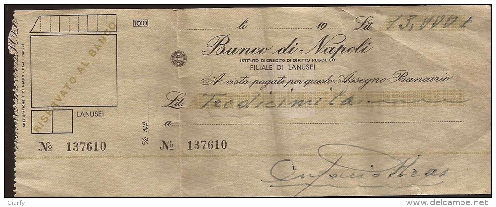 ASSEGNO BANCO DI NAPOLI FILIALE LANUSEI NUORO SARDEGNA 1950 - Chèques & Chèques De Voyage