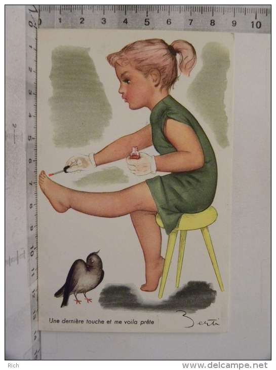 CP Illustrateur BERTI - Humour Enfant Oiseau - Une Dernière Touche Et Me Voilà Prête - Maquillage Vernis Aux Ongles - Humorvolle Karten