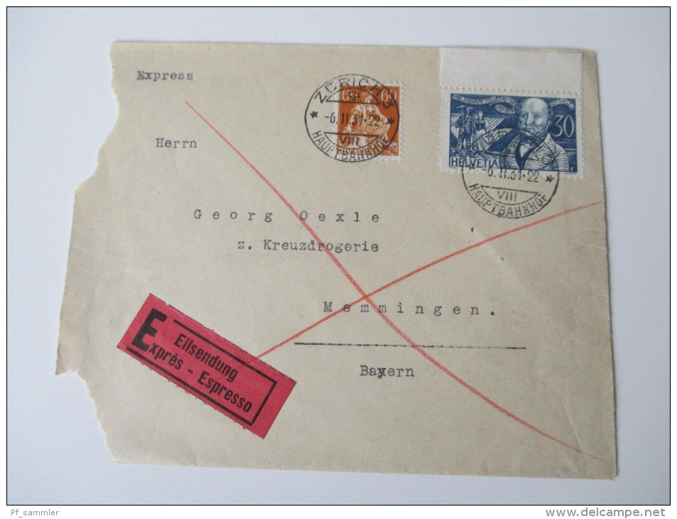 Schweiz 1931 MiF Ausgabe 1915 U. 1930 Michel Nr. 140 U. 244 Oberrandstück. Toller Brief!! Eilsendung Expres - Espresso - Briefe U. Dokumente