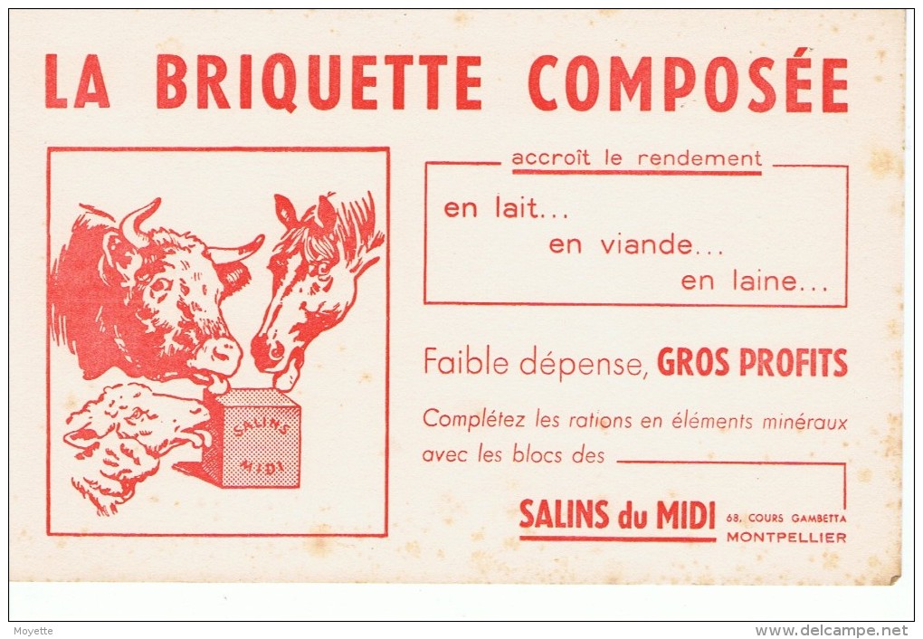 VIEUX-PAPIERS-BUVARD-BLANC-PUB- LA BRIQUETTE COMPOSEE-SALINS DU MIDI-MONTPELLIER-21 Cm X 13,5 Cm-REP G- - Animaux