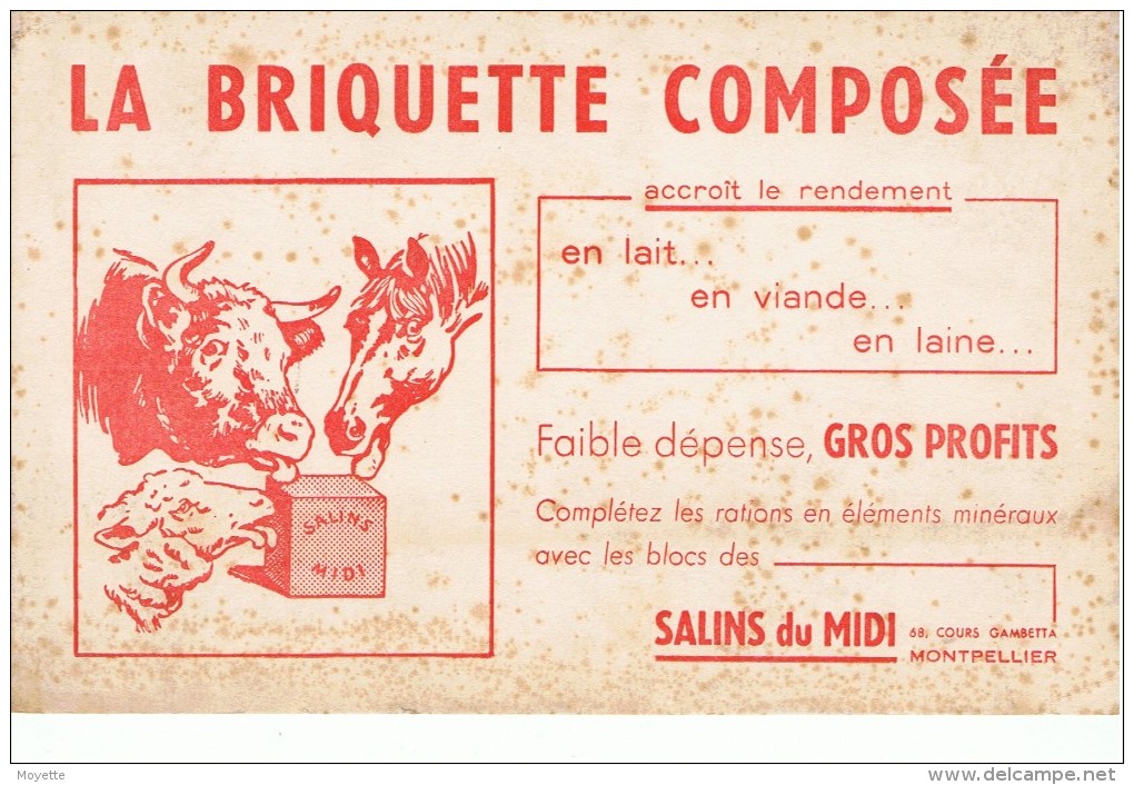 VIEUX-PAPIERS-BUVARD-BLANC-PUB- LA BRIQUETTE COMPOSEE-SALINS DU MIDI-MONTPELLIER-21 Cm X 13,5 Cm-REP F- - Tiere