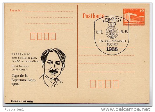 ESPERANTO-BUCH BARBUSSE DDR P86I-5-86 C3 Postkarte PRIVATER ZUDRUCK Sost. 1986 - Esperanto