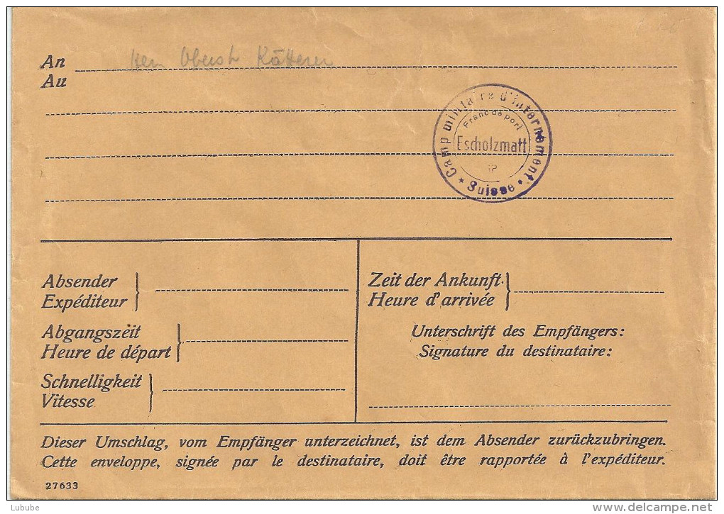 Internierten Post  "Camp Militaire D'internement Suisse, Escholzmatt"         Ca.  1940 - Poststempel