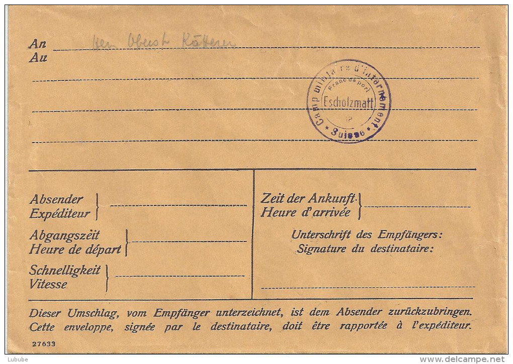 Internierten Post  "Camp Militaire D'internement Suisse, Escholzmatt"         Ca.  1940 - Oblitérations