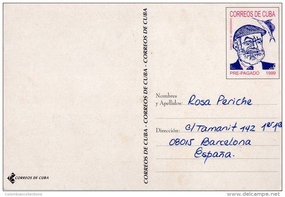 Lote PEP508, Cuba, 1999, Entero Postal, Postal Stationary, Ernest Hemingway, Pez, Fish,not Perfect Post Card - Cartes-maximum