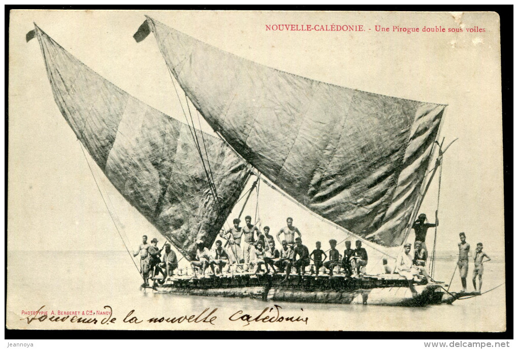 NOUVELLE CALÉDONIE - N° 59 / CPA D'UNE PIROGUE DOUBLE SOUS VOILES, OBL. NOMÉA LE 8/6/1905, POUR LE HAVRE - TB - Lettres & Documents