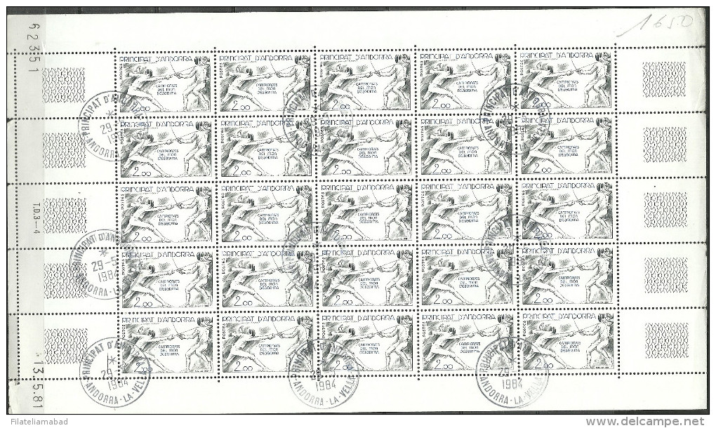 ANDORRA- CORREO FRANCES 25  SELLOS MATASELLADOS HOJA ENTERA .  M. ABAD Nº 344 (C.H.C.06.14) - Hojas Bloque