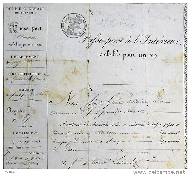 1834 Passeport  Passe-port Laissez Passer Régis Gerle Recruteur à St Jean Des Ollieres 63 Puy De Dome Police Royaume - Documenti Storici