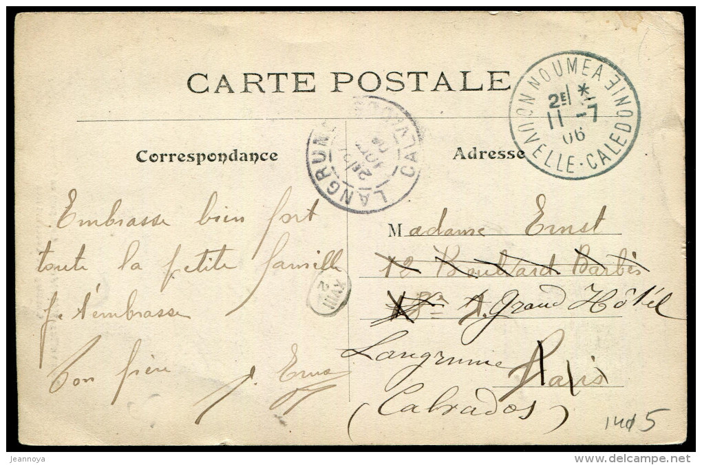 NOUVELLE CALÉDONIE - N° 92 / CPA D'UNE HOMME GRIMPANT AU COCOTIER, OBL. NOMÉA LE 11/7/1906, POUR LE CALVADOS - TB - Cartas & Documentos