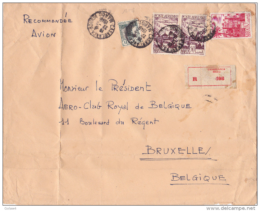 12038# MAROC LETTRE RECOMMANDEE PAR AVION Obl CASABLANCA BOURSE 1949 PRESIDENT AEROCLUB ROYAL BRUXELLES BELGIQUE - Poste Aérienne