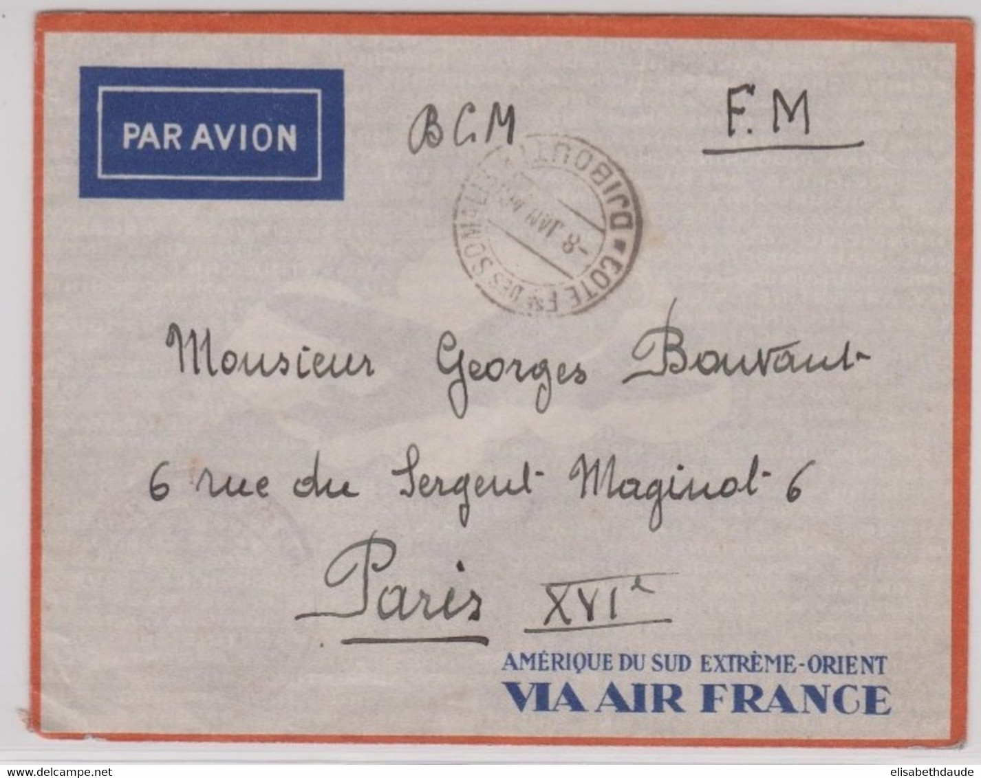 SOMALIS - 1940 - ENVELOPPE FM ! De DJIBOUTI => PARIS Via AIR FRANCE - Lettres & Documents