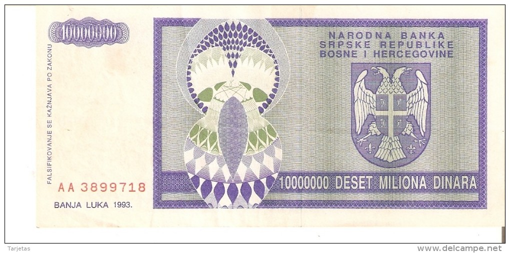 BILLETE DE BOSNIA HERZEGOVINA DE 10000000 DINARA DEL AÑO 1993 (BANKNOTE) - Bosnia Y Herzegovina