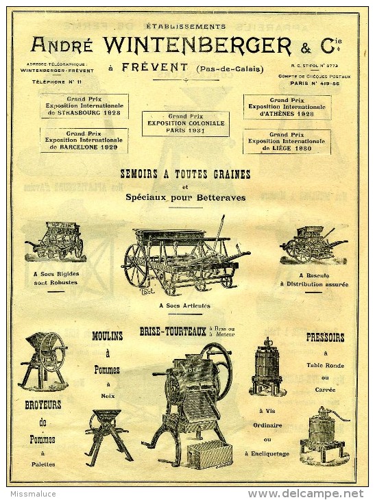 PUBLICITÉ AGRICULTURE FERME ANDRÉ WINTENBERGER FREVENT PAS DE CALAIS 62 SEMOIRS A TOUTES GRAINES ET SPÉCIAUX BETTERAVES - Publicités