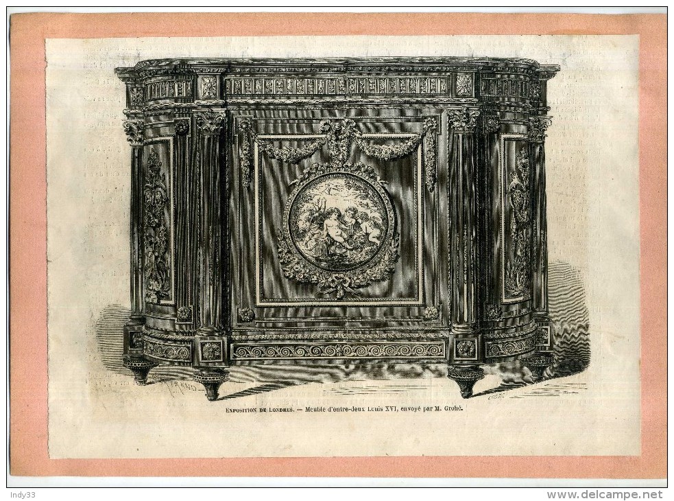 - EXPOSITION DE LONDRES . MEUBLE D'ENTRE DEUX LOUIS XVI . GRAVURE SUR BOIS  DU XIXe S . DECOUPEE ET COLLEE SUR PAPIER . - Altri & Non Classificati