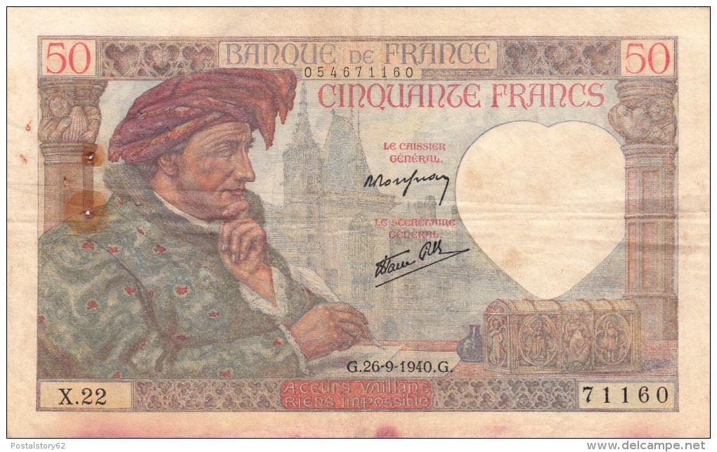 50 Francs 1940, Macchie Bordo - 50 F 1940-1942 ''Jacques Coeur''