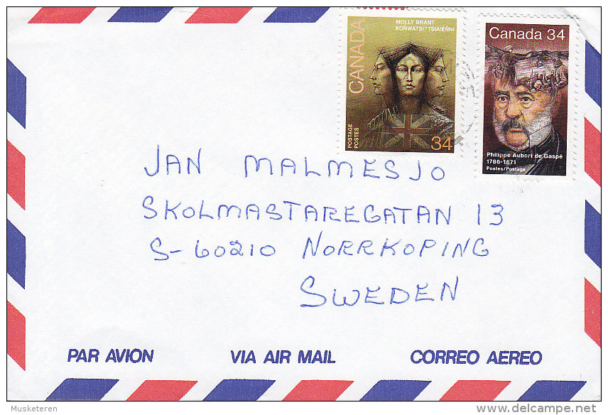 Canada Airmail Par Avion FLORENCE Ontario 1985? Cover Lettre To NORRKÖPING Sweden Molly Brant & Philippe Aubert De Gaspe - Poste Aérienne
