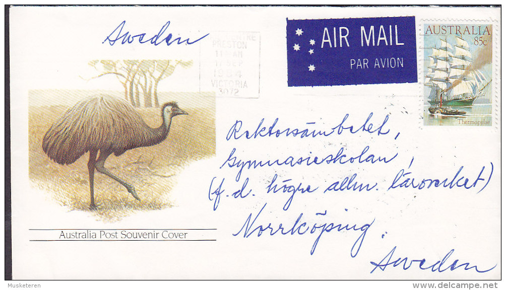 Australia Airmail Par Avion Label PRESTON 1984 Cover NORRKÖPING Sweden Bird Vogel Oiseau Cachet Sailing Ship Stamp - Cartas & Documentos