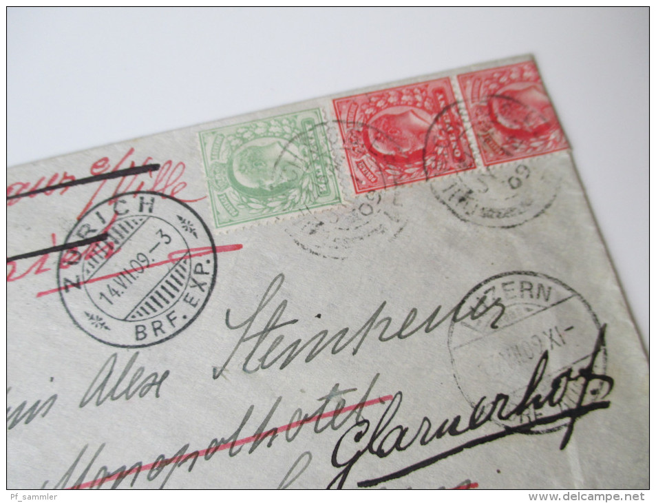 GB 1909 Mischfrankatur Irrläufer In Die Schweiz Mit 7 Stempeln / Seven Cancels. Dulwich - Luzern - Glarus. Schöner Beleg - Cartas & Documentos