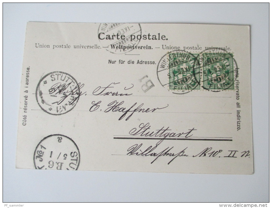 Bildpostkarte 1903 Winterthur Stadtkirche Verlag Caspar Studer & Co No 1354. 6 Stempel / Six Cancels. Waagerechtes Paar! - Winterthur