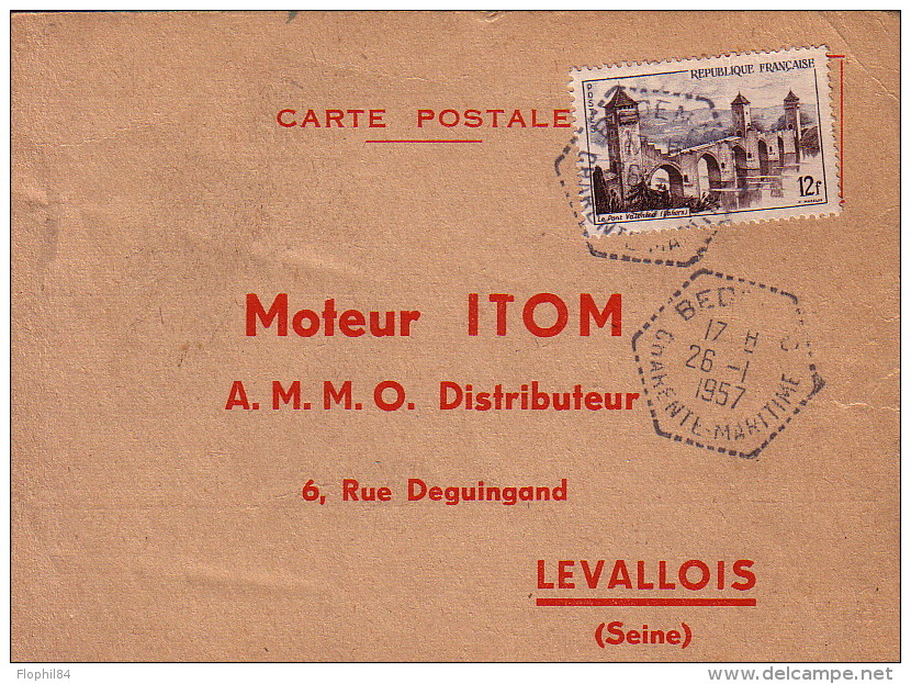 CHARENTE MARITIME - BEDENAC - LE 26-1-1957 CARTE PUB MOTEUR ITOM LEVALLOIS - DEMANDE DE CERTIFICAT DE GARANTIE. - Cachets Manuels