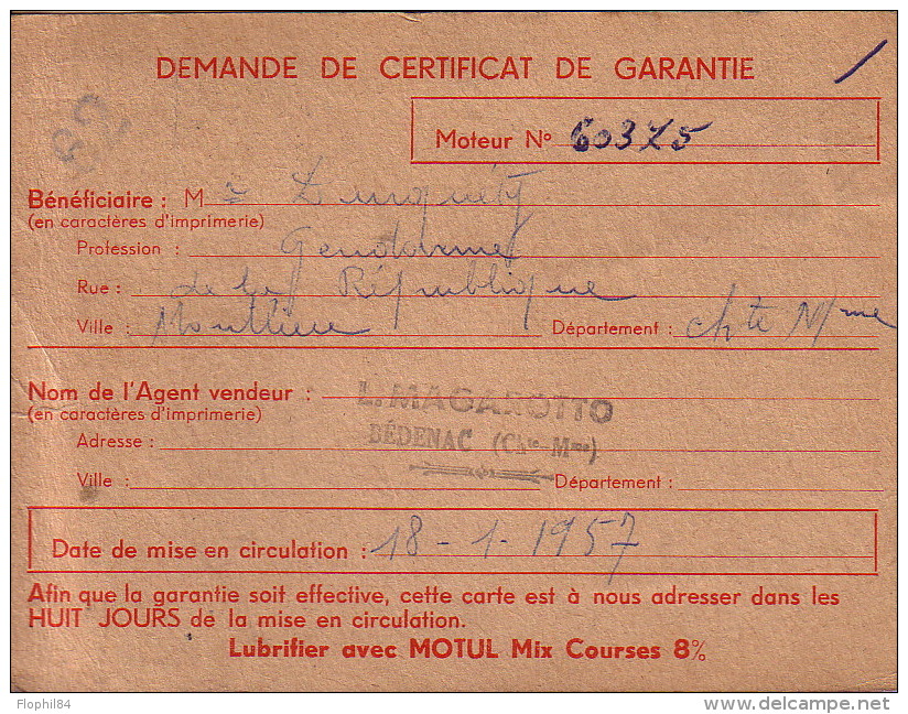 CHARENTE MARITIME - BEDENAC - LE 26-1-1957 CARTE PUB MOTEUR ITOM LEVALLOIS - DEMANDE DE CERTIFICAT DE GARANTIE. - Cachets Manuels