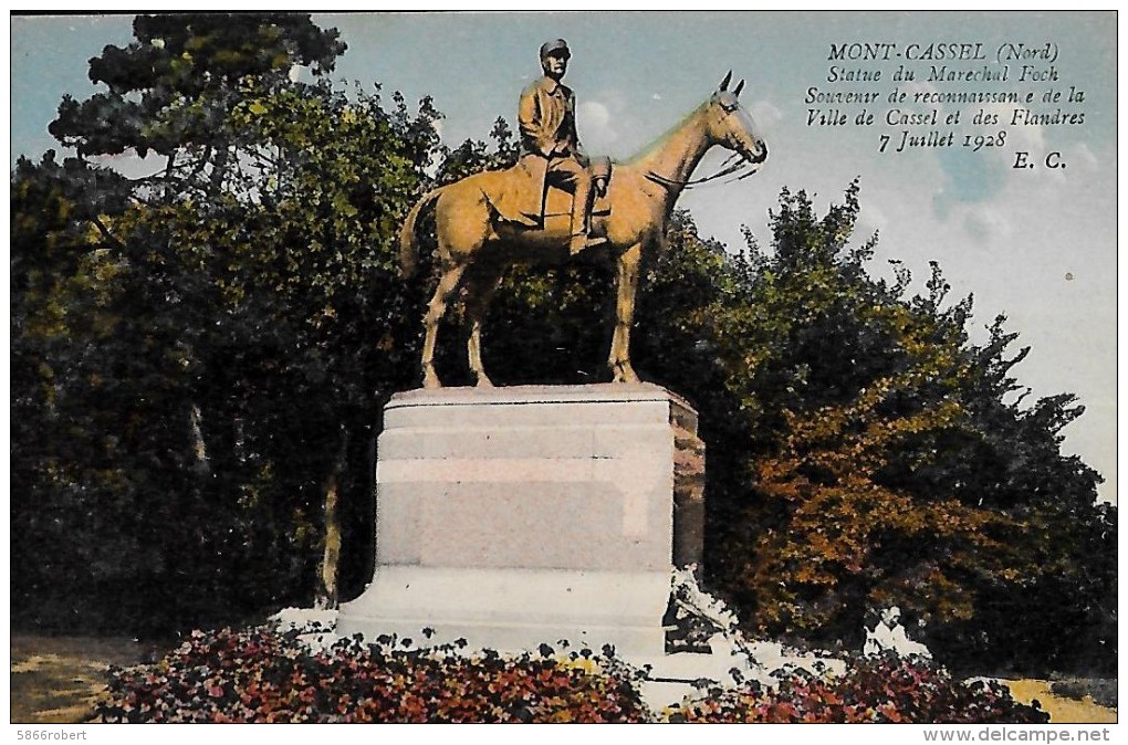 CARTE POSTALE ORIGINALE ANCIENNE COULEUR : MONT CASSEL  STATUE DU MARECHAL FOCH A CHEVAL EN 1928  NORD (59) - Cassel