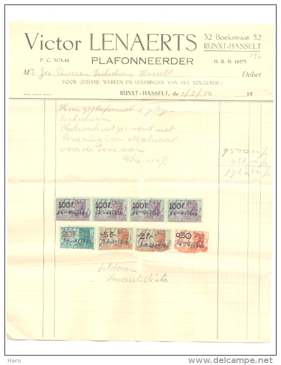 RUNXT - HASSELT - Rekening Victor LENAERTS , Plafonneerder 1950 (b151) - Artigianato