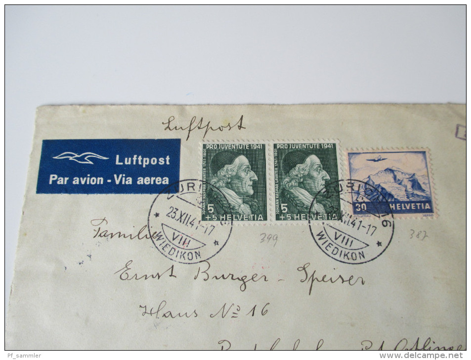 Schweiz 1941 Nr. 387 U. 399 MiF Luftpost / Par Avion. Geöffnet Oberkommando Der Wehrmacht. Zensurpost - Lettres & Documents