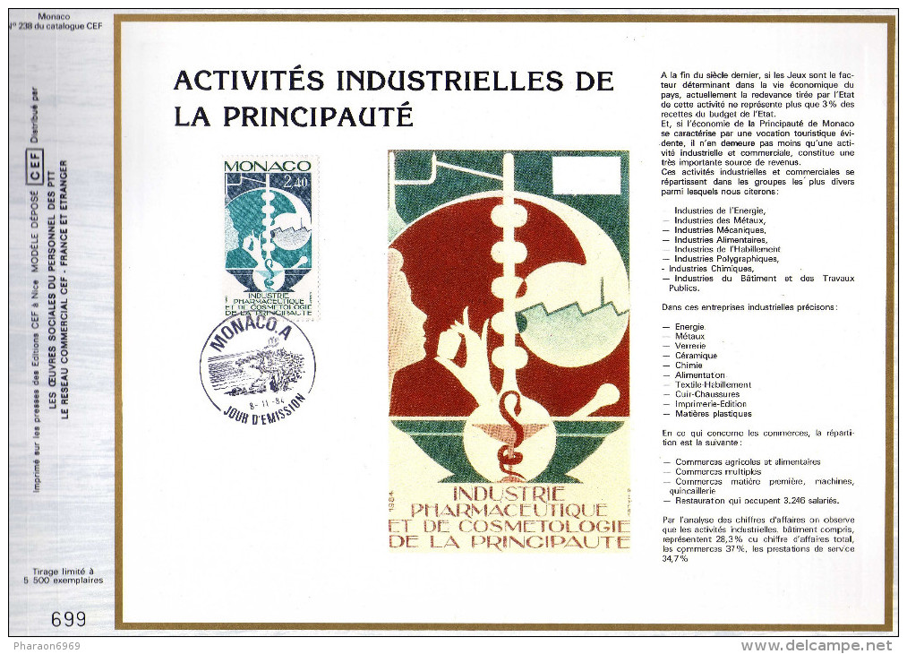 Feuillet Tirage Limité CEF 238 Activités Industrielles De La Principauté Industrie Pharmaceutique Et Cosmetologie - Covers & Documents