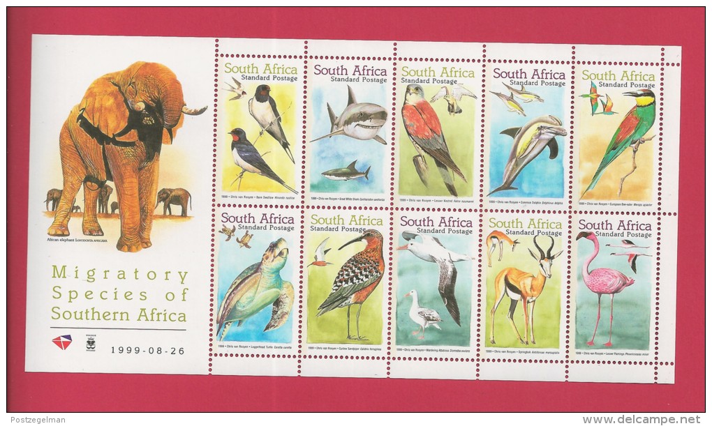 SOUTH AFRICA,  1999 ,  Full Sheet  Of 10 Stamps , Migratory Species, Sa1245, F-3808 - Unused Stamps