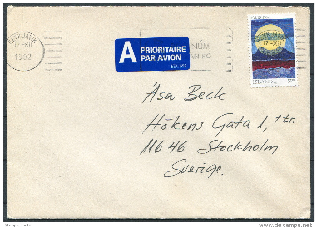 1992 Iceland Reykjavik Airmail Cover - Sweden - Briefe U. Dokumente