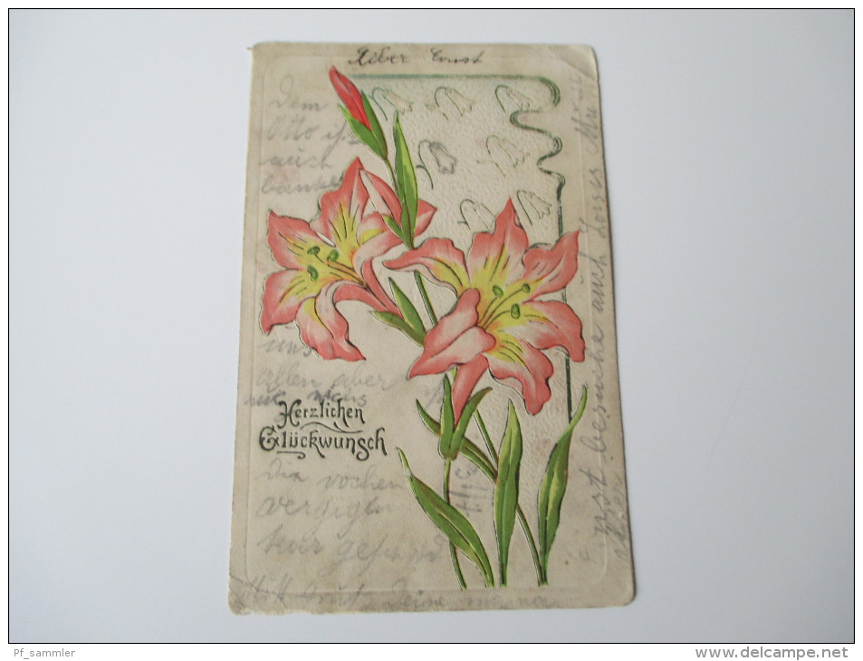 Reliefkarte 1906 (?) Herzlichen Glückwunsch. Blumen. Gesendet Nach Tetin U Berouna. Stempel Tetin / Tetine. Kleiner Ort! - Anniversaire