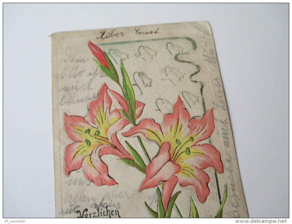 Reliefkarte 1906 (?) Herzlichen Glückwunsch. Blumen. Gesendet Nach Tetin U Berouna. Stempel Tetin / Tetine. Kleiner Ort! - Anniversaire