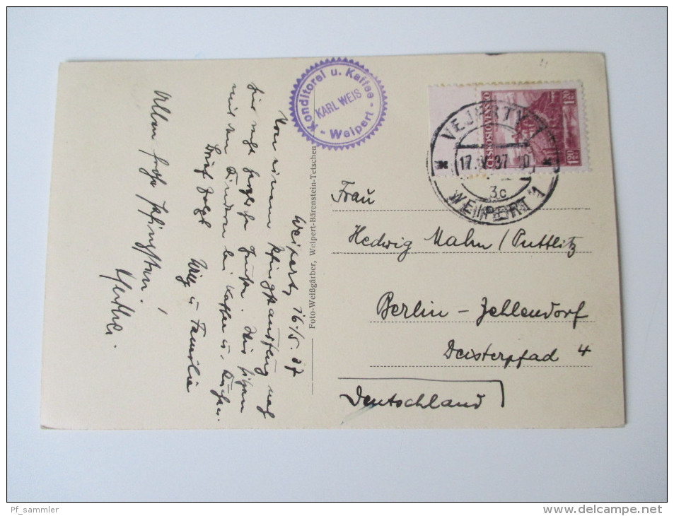 Postkarte 1937 Weipert. Gesamtansicht. Konditorei U. Kaffee Weipert.Schöne Karte!! Briefmarke: Oberrandstück - Czech Republic