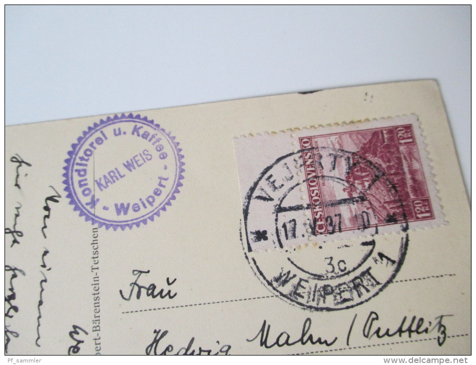 Postkarte 1937 Weipert. Gesamtansicht. Konditorei U. Kaffee Weipert.Schöne Karte!! Briefmarke: Oberrandstück - Czech Republic