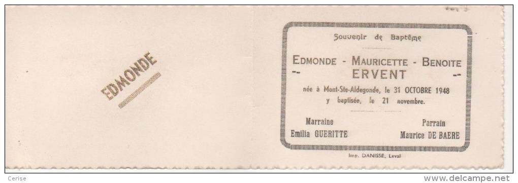 Faire-part Pour Edmonde - Mauricette - Benoite Ervent Née à Mont-Ste-Aldegonde - Birth & Baptism