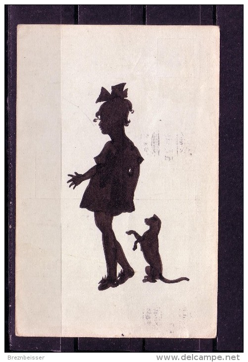 Alte Postkarte Scherenschnitt/Schattenbild: Mädchen Mit Hund Karte Gel.1920 - Silhouettes