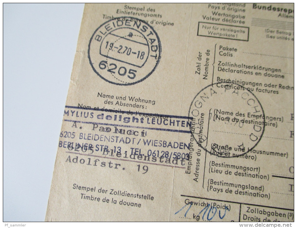 BRD Paketkarte Nach Italien! 6 Stempel!! Bleidenstadt - Cattolica / Forli. über Friedrichshafen Und Bologna. - Briefe U. Dokumente