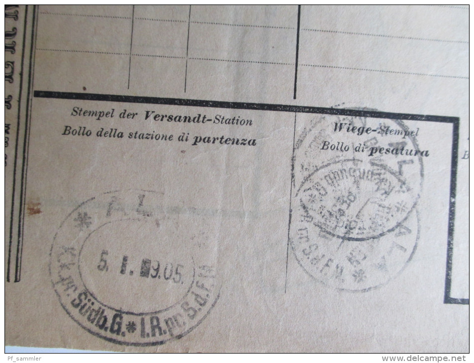 Österreich 1905 internationaler Eisenbahntransport. Frachtbrief Deutsch - Italienisch. Tolles Dokument / viele Stempel!!