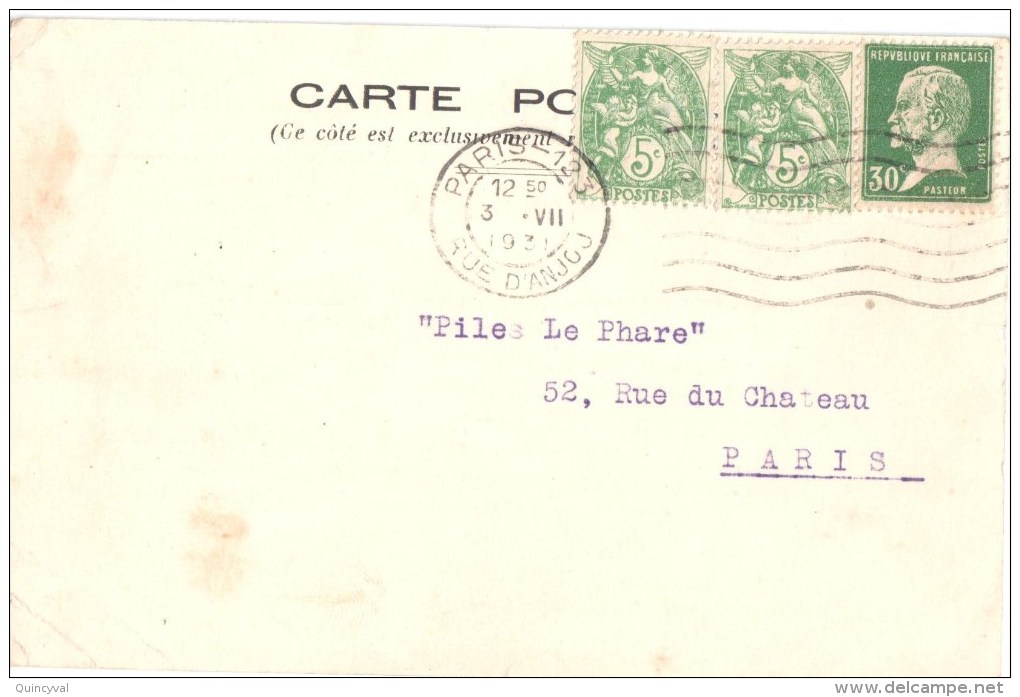2854 PARIS 123 Rue D'Anjou Carte Postale Ordinaire Oblitération Mécanique 3 7 1931 Blanc Yv 111 Pasteur Yv 174 - Lettres & Documents