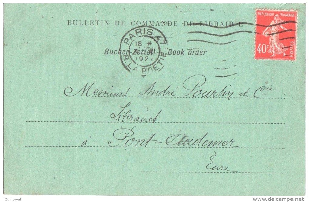 2856 PARIS 47 R La Boetie Carte Postale Commande De Librairie Henri PICARD Ob 4 11 27 Semeuse 40c Yv 194 - Briefe U. Dokumente