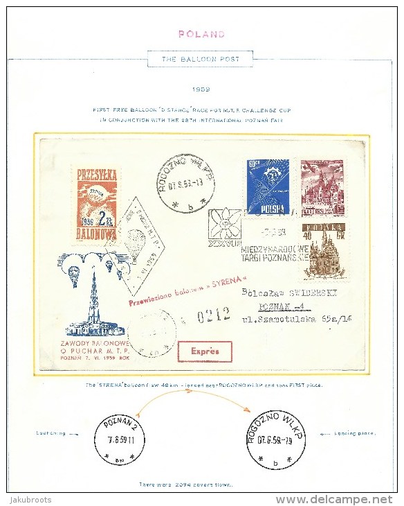 1959.  REG.COVER BALLOON  POST . " BALON SYRENA " DURING  INERNATIONAL POZNAN FAIR - Aviones