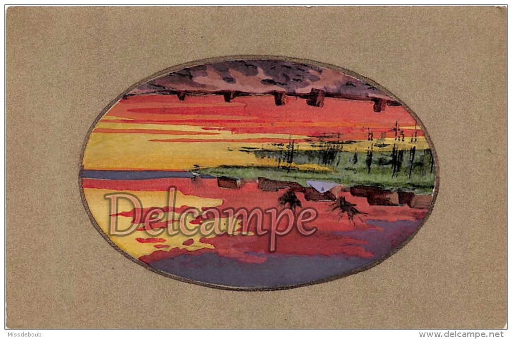 Lot 3 Cpa Peintes à La Main - Paysage Coloré Dans Medaillon - 1914 - écrites - Non Classés