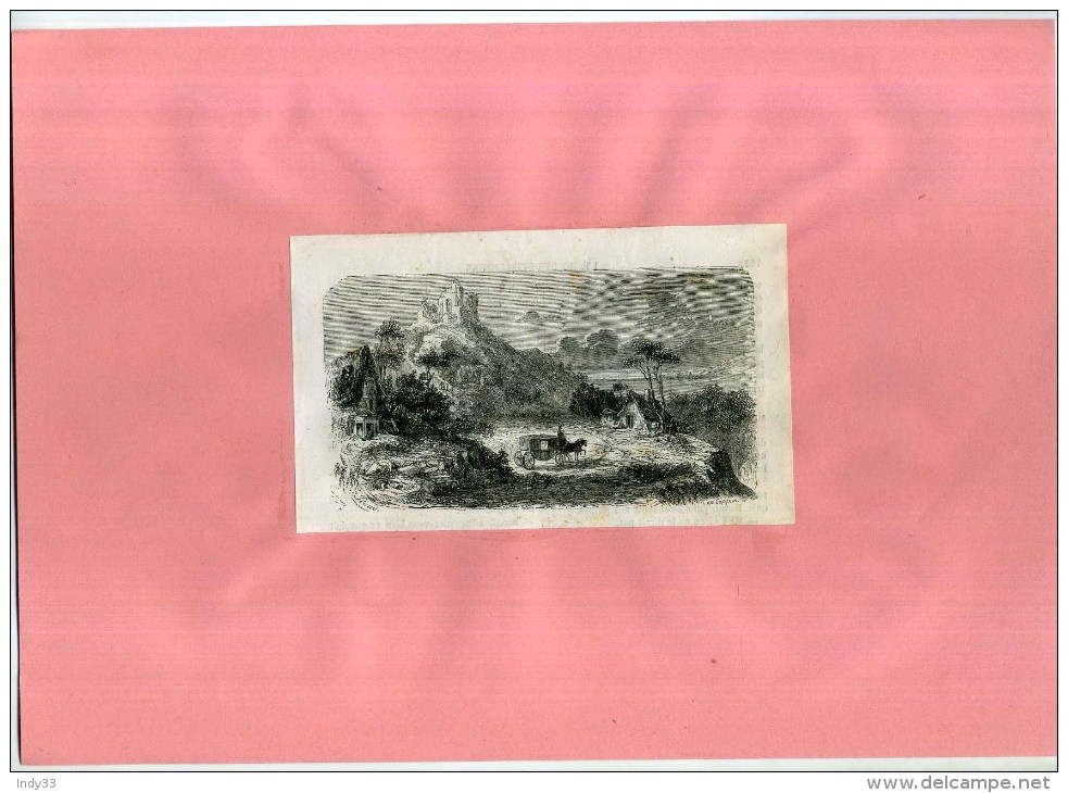 - PAYSAGE AVEC CALECHE . GRAVURE SUR BOIS  DU XIXe S . DECOUPEE ET COLLEE SUR PAPIER . - Autres & Non Classés