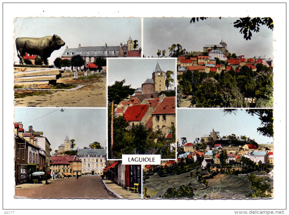 Laguiole Carte Souvenir 5 Vues Ecrite En 1957 Taureau Coin Des Artistes Route Nationale Et Vue Generale - Laguiole