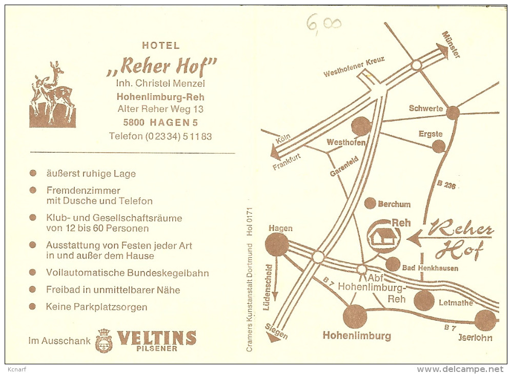 CP De HAGEN " Hotel REHER HOF "   Hohenlimburg-Reh . - Hagen