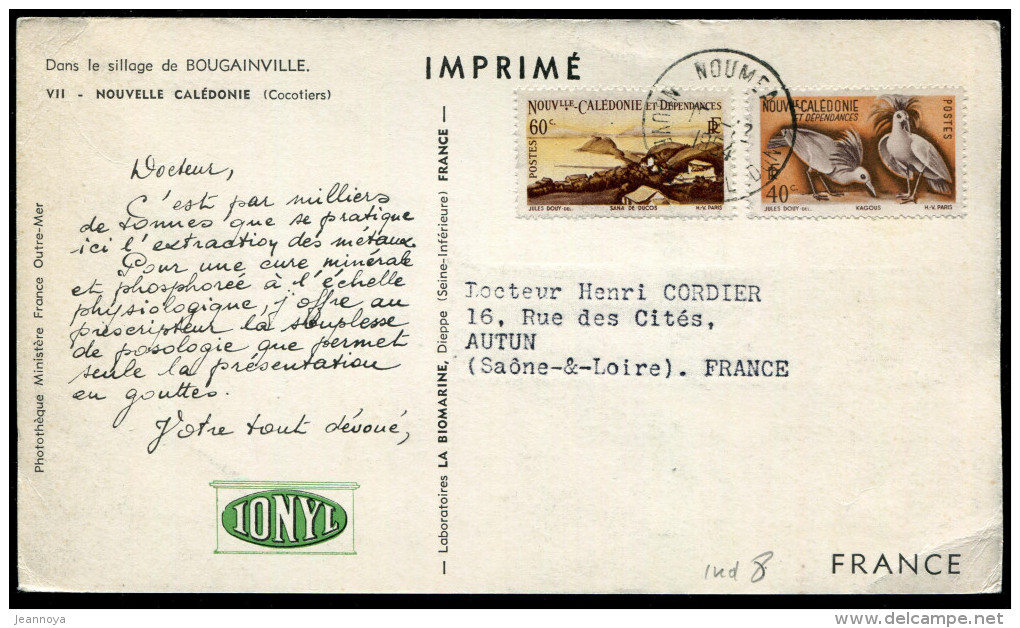 NOUVELLE CALÉDONIE - N° 261 & 263 / CP PUBLICITAIRE IONYL , OBL. NOUMEA LE 15/12/1954, POUR LA FRANCE - TB - Cartas & Documentos