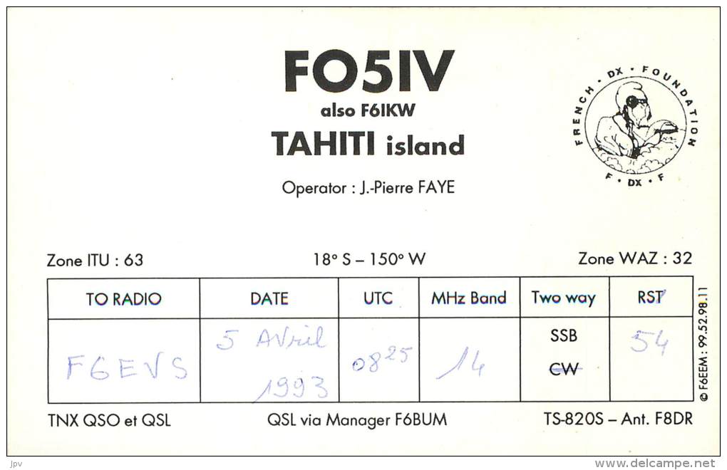 CARTE QSL : RADIO AMATEUR . TAHITI . 1993 - Radio Amateur