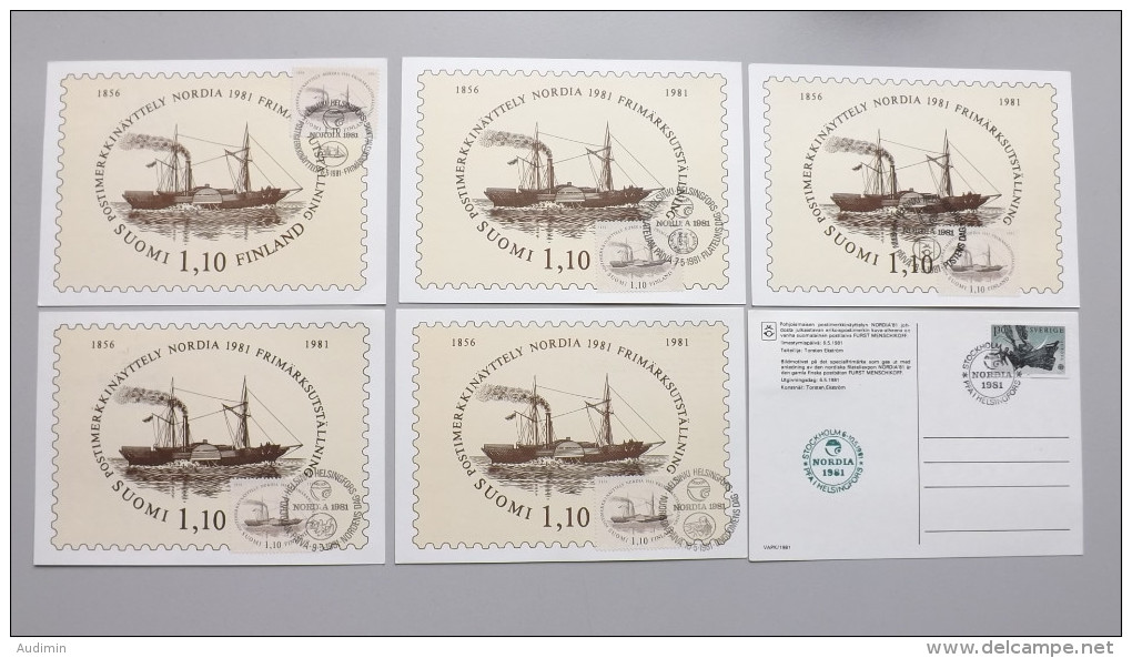 Finnland 880 Yt 844 Sc 654 Fa 882, Maximumkarte MK/CM, Alle 5 SST NORDIA ´81, Postschiff: Fürst Menschikow - Maximum Cards & Covers